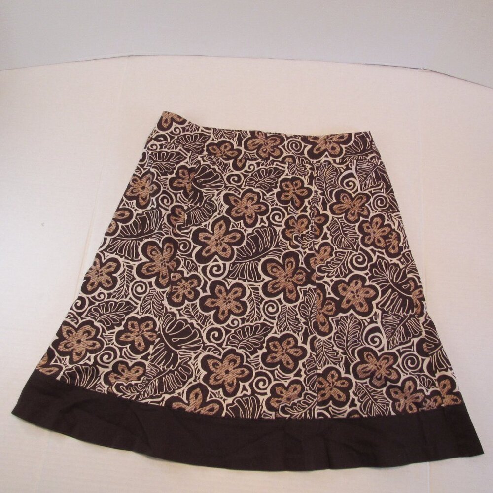 Unbranded Brown & Cream Back Zip Floral Design Flare Midi Skirt Size 12